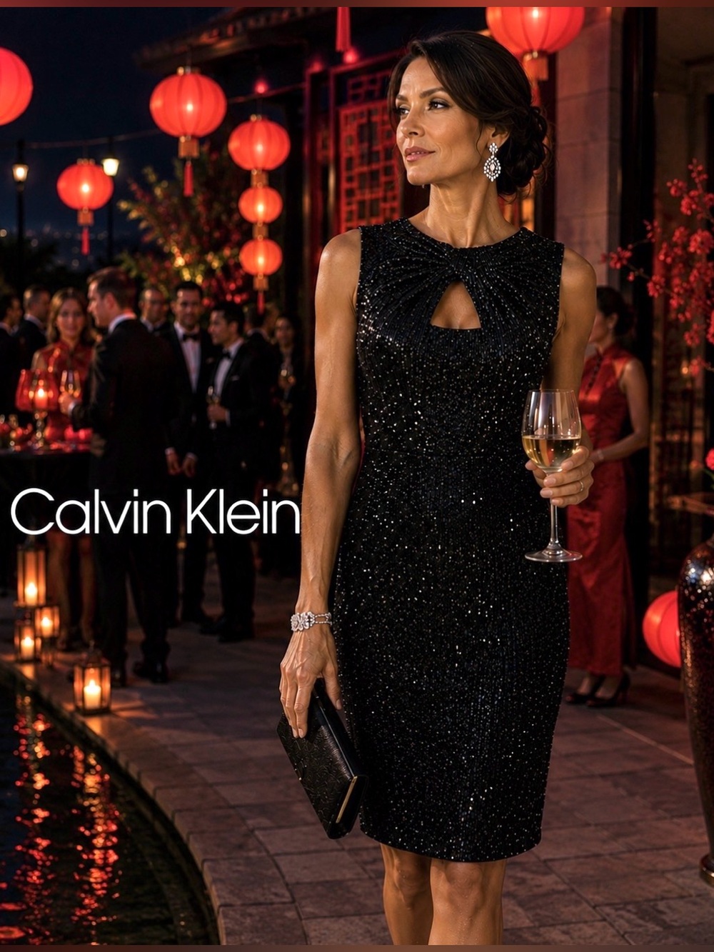 Calvin Klein Womens Petites Black Sequined Cocktail Dress